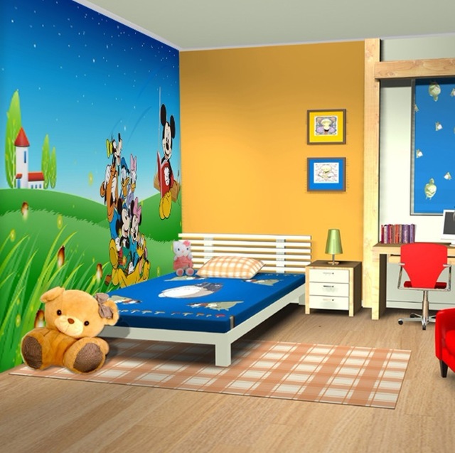 寝室のミッキーマウスの壁紙,ルーム,壁,インテリア・デザイン,壁紙,寝室