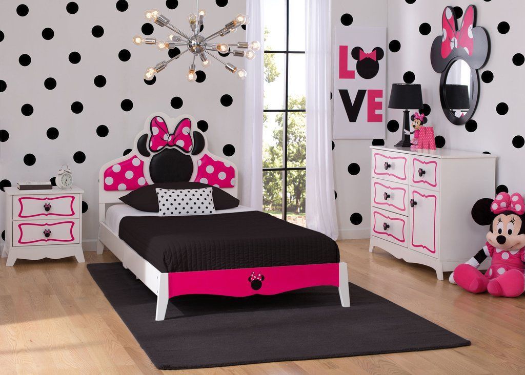ベッドルームのミニーマウスの壁紙,寝室,家具,ピンク,ベッド,デコレーション