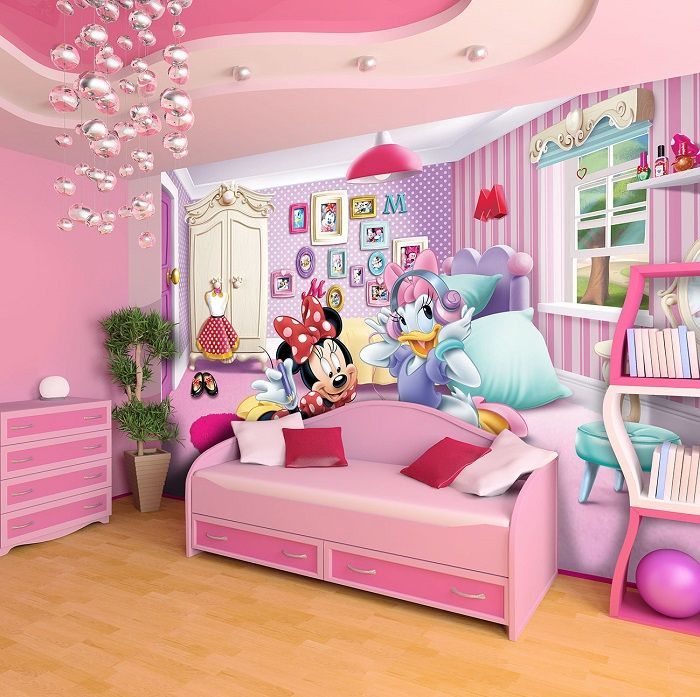 침실 미니 마우스 벽지,분홍,방,가구,생성물,벽