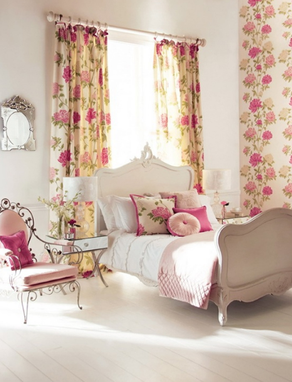 침실을위한 꽃 벽지,커튼,가구,분홍,인테리어 디자인,방