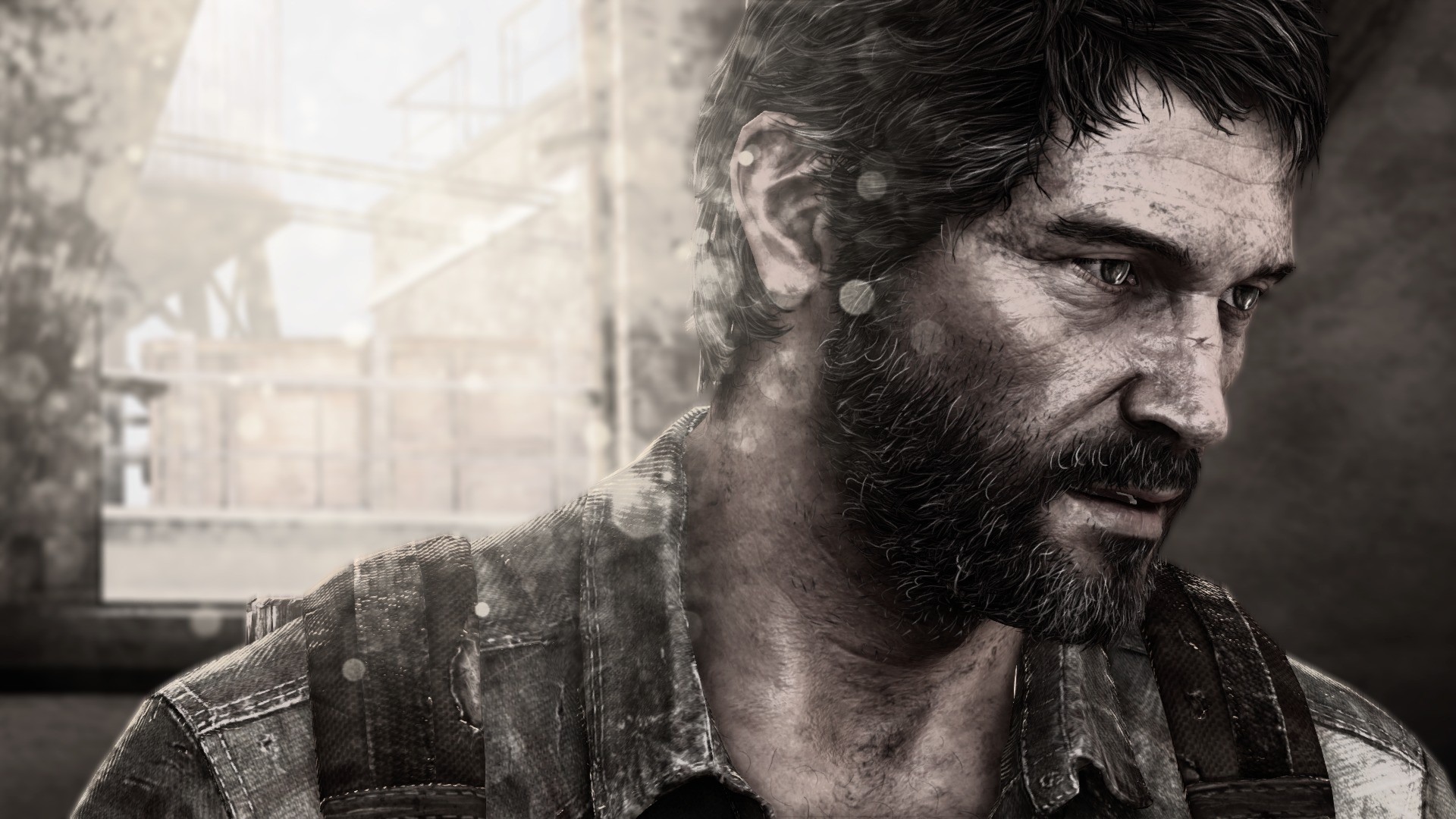 the last of us wallpaper,human,facial hair,photography,beard,black and white