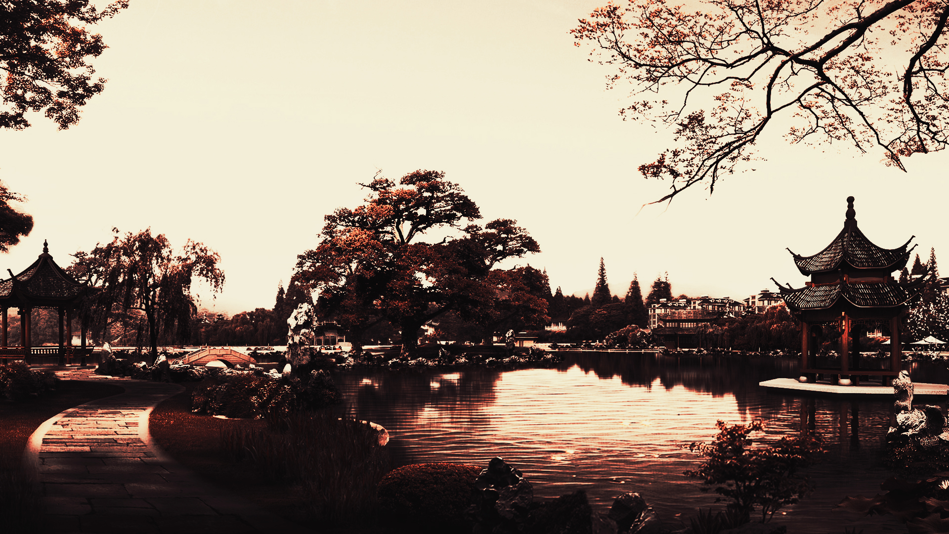 中国の壁紙 空 水 雲 木 反射 8129 Wallpaperuse