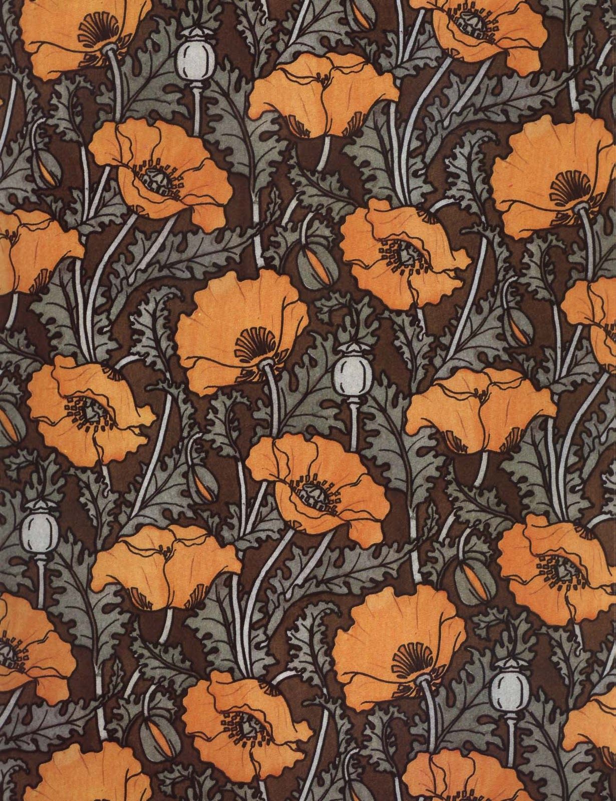 art nouveau wallpaper,orange,pattern,leaf,wildflower,plant