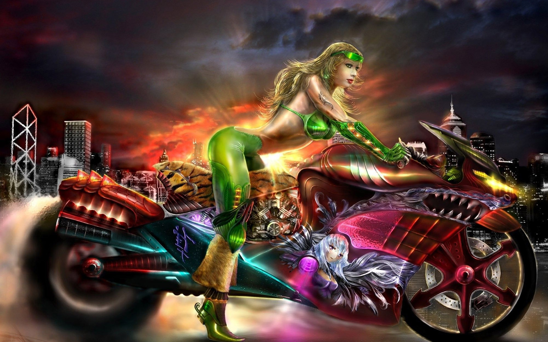 girl photo wallpaper,vehicle,motorcycle,cg artwork,fictional character,games