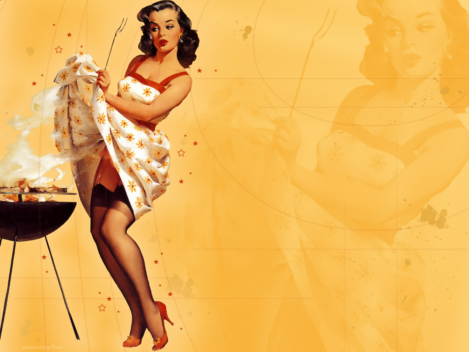 pin up wallpaper,giallo,illustrazione,stile retrò,arte,capelli neri