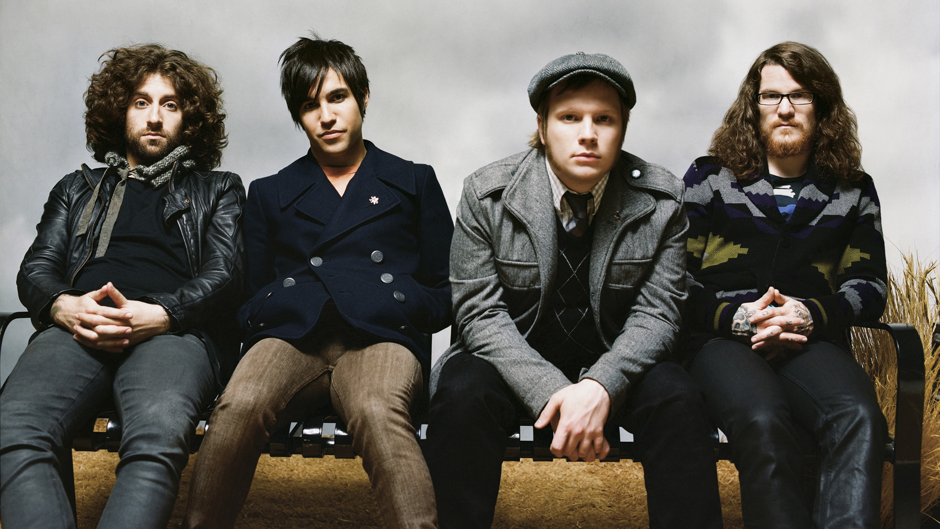 fall out boy wallpaper,social group,sitting,team