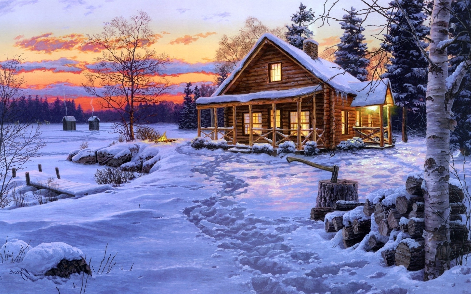 log cabin wallpaper,winter,snow,home,sky,natural landscape