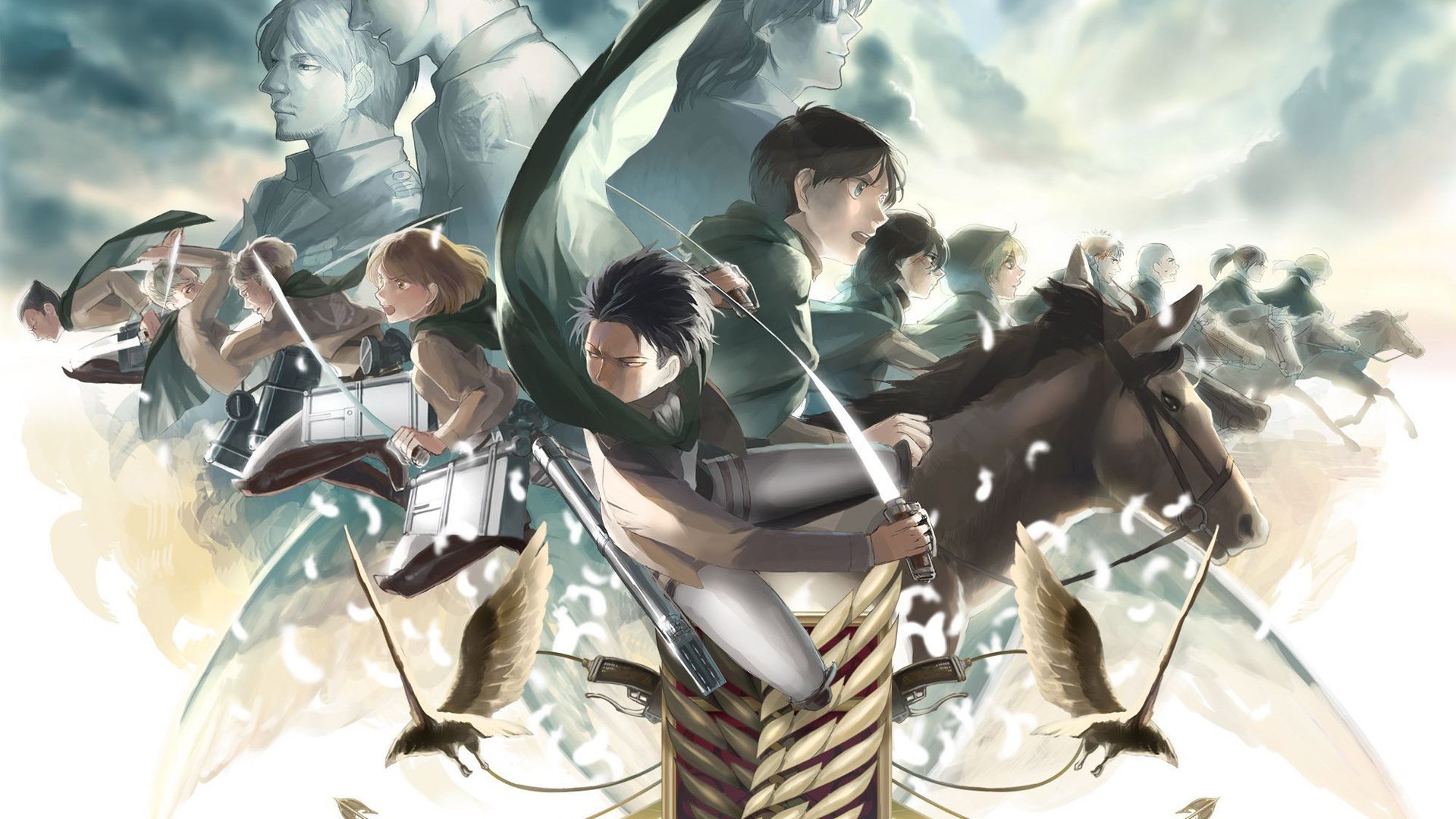 shingeki no kyojin wallpaper,cg artwork,illustration,action adventure game,strategy video game,black hair