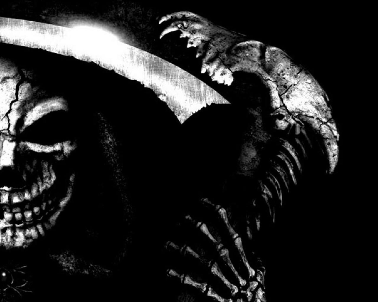 fond d'écran animé grim reaper,ténèbres,démon,noir et blanc,personnage fictif,mâchoire
