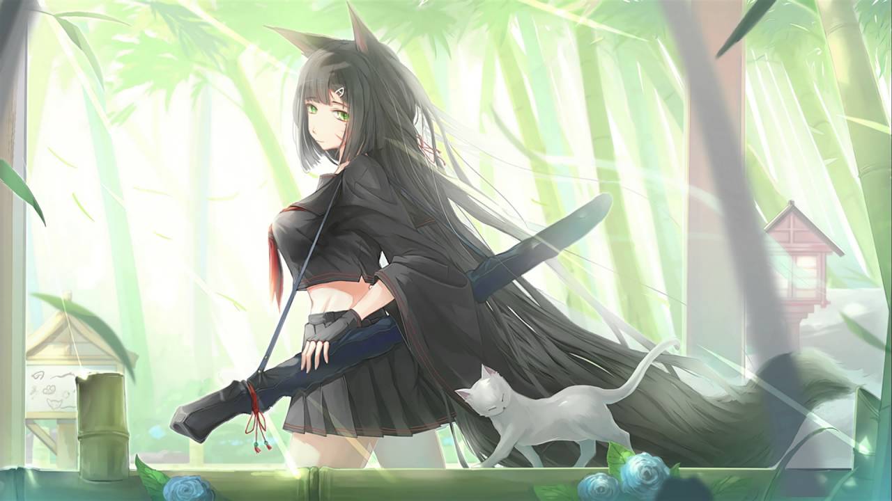 neko wallpaper,anime,black hair,cartoon,long hair,cg artwork