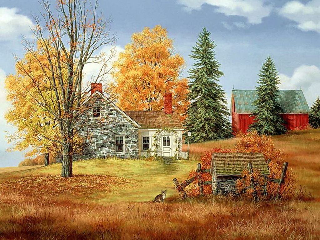 farmhouse wallpaper,natural landscape,tree,painting,rural area,house