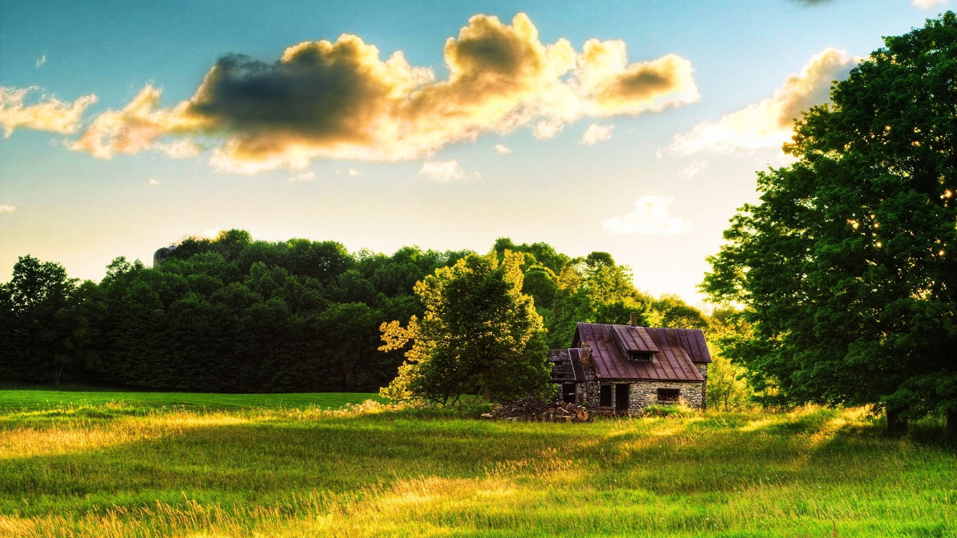 bauernhaus tapete,natürliche landschaft,himmel,natur,grün,wolke