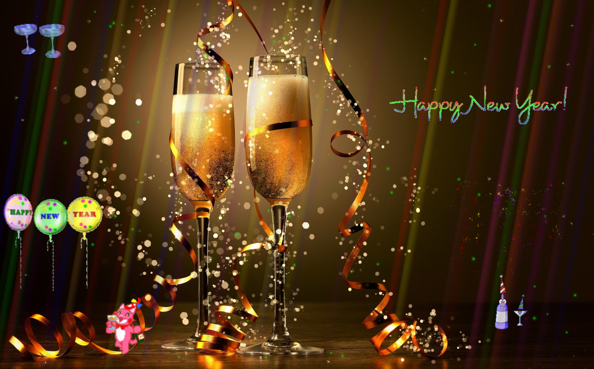 feliz año nuevo fondo de pantalla animado,beber,copas de champán,fuente,vaso,copas