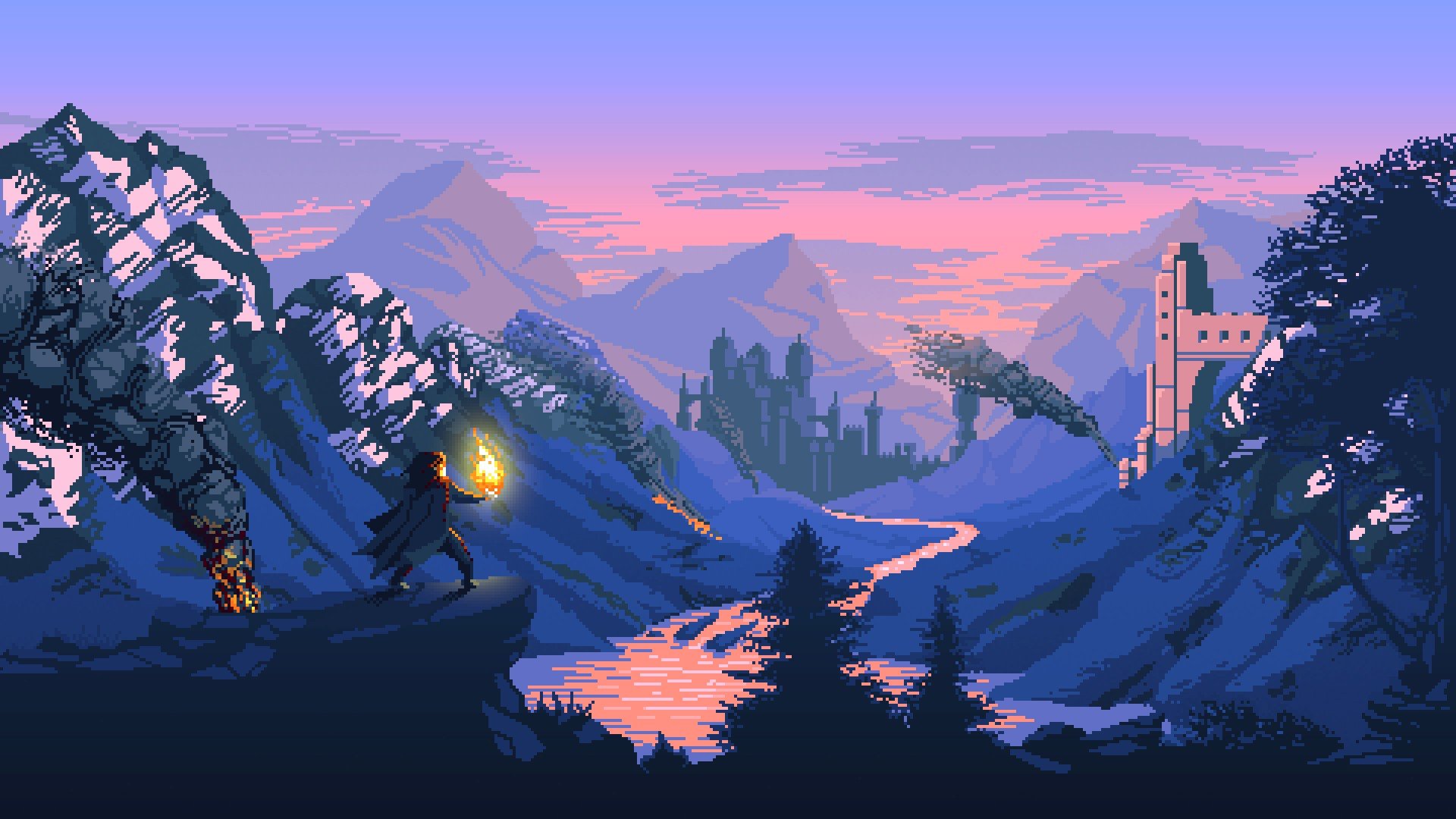 pixel art wallpaper,nature,natural landscape,sky,mountainous landforms,mountain