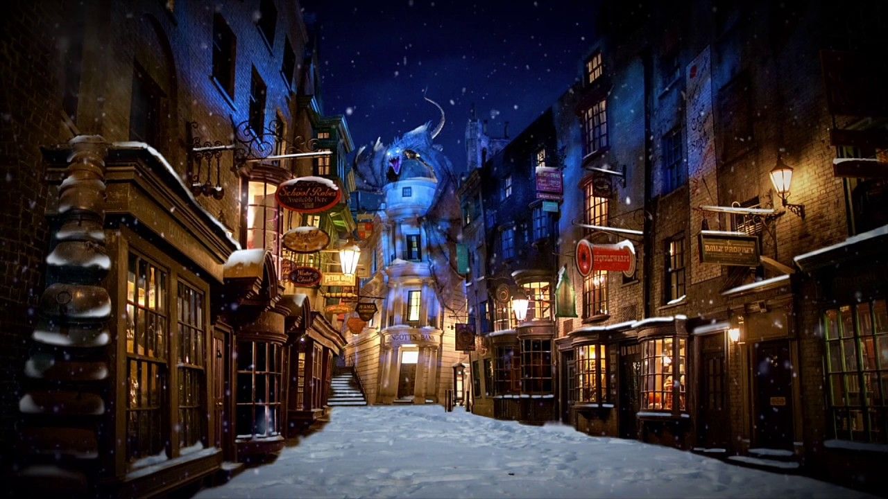 harry potter desktop wallpaper,town,street,night,human settlement,snow