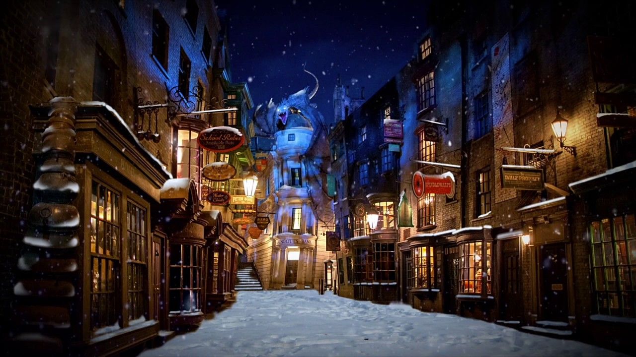 sfondo del desktop di harry potter,cittadina,strada,notte,neve,inverno