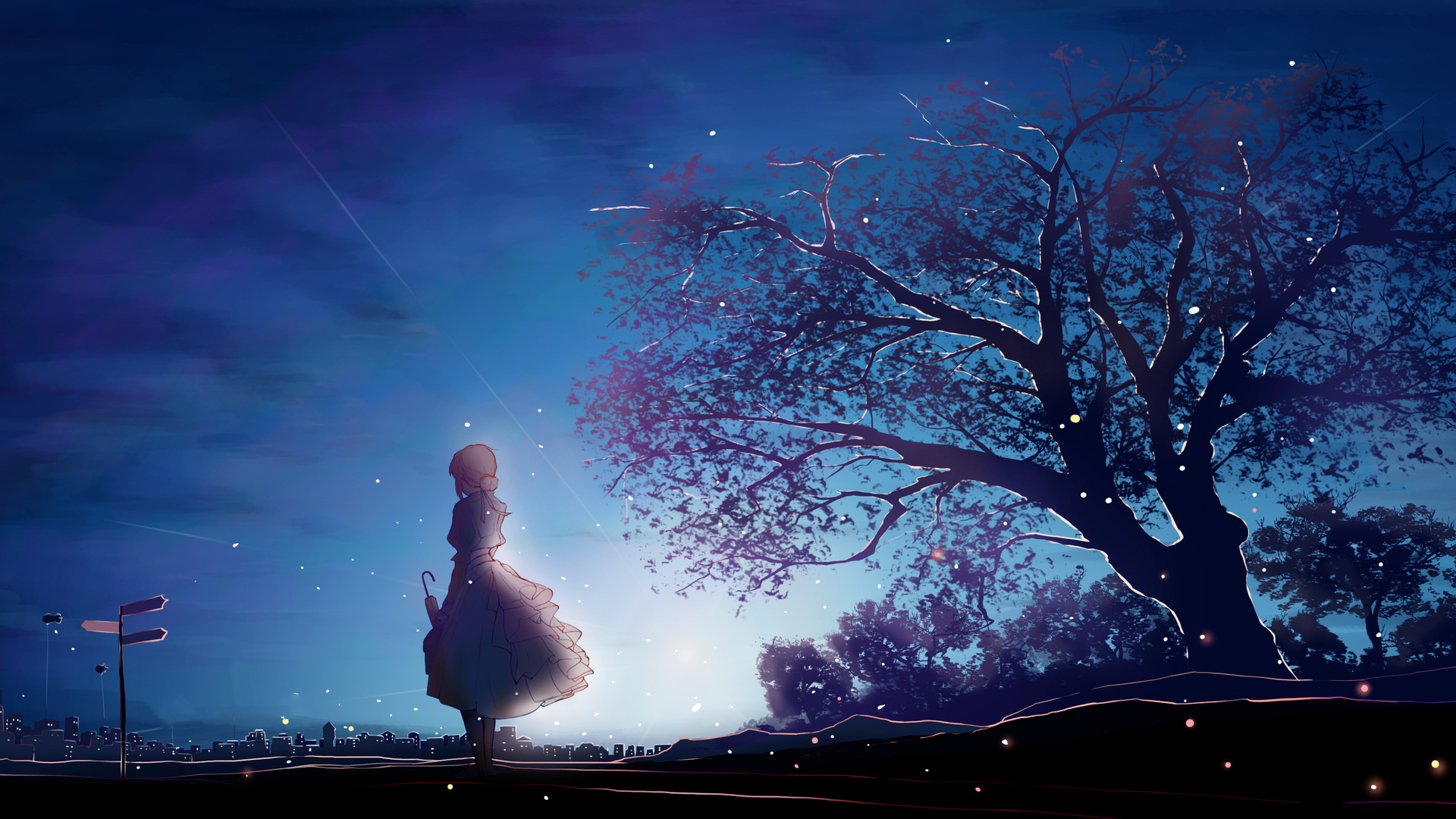 violette tapete,himmel,baum,atmosphäre,nacht,wolke