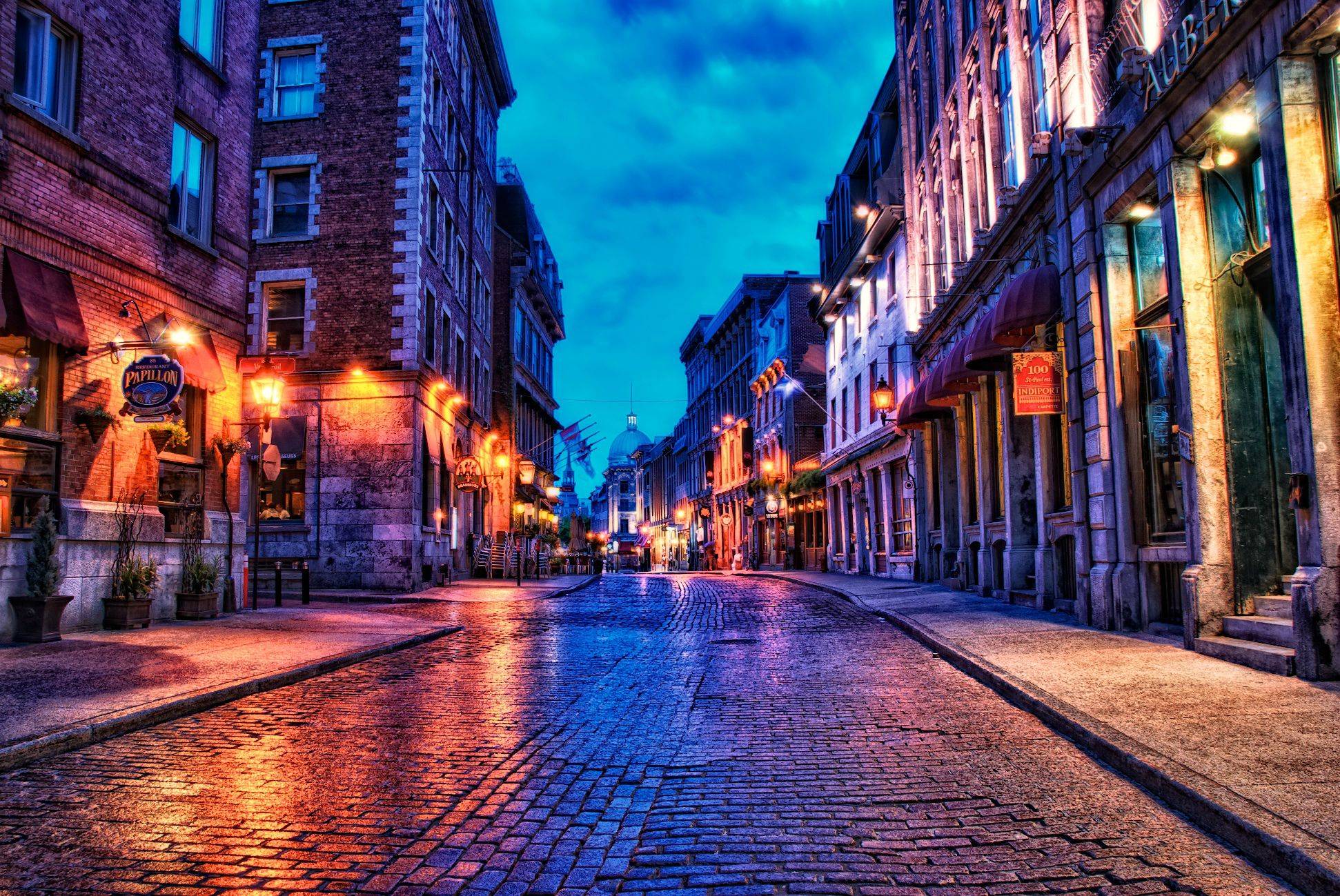 モントリオールの壁紙,通り,玉石,町,夜,青い