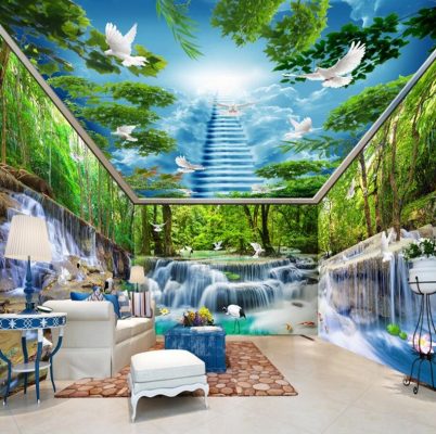 wallpaper dinding 3d,natural landscape,mural,wall,building,room