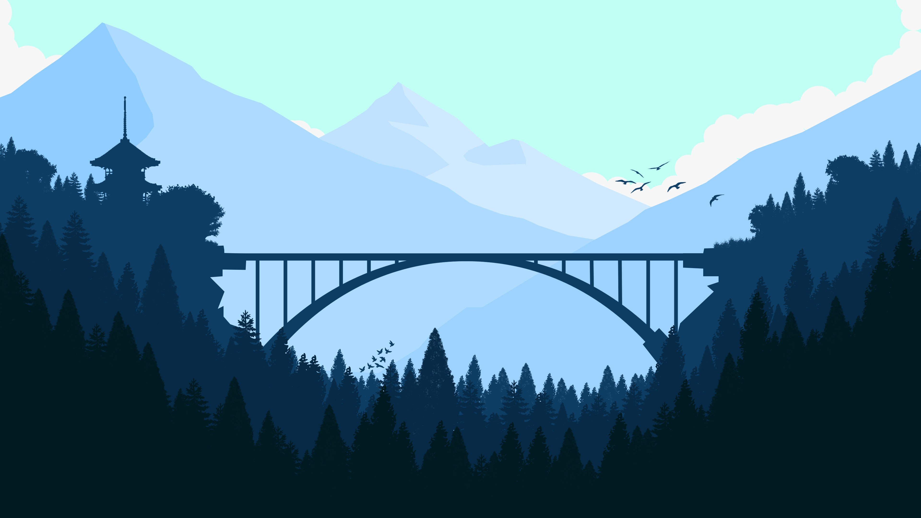 carta da parati minimalista 4k,ponte,cielo,acqua,illustrazione,montagna