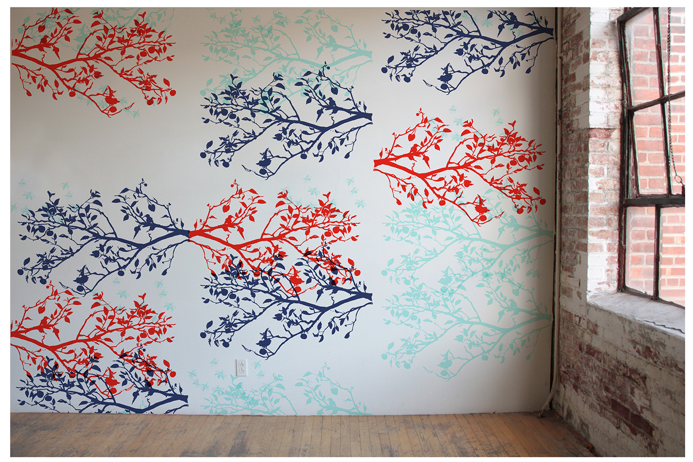printed wallpaper,branch,teal,cherry blossom,leaf,tree