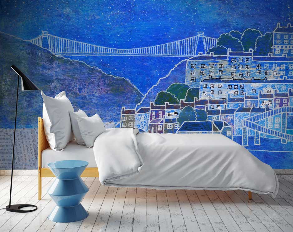 printed wallpaper,blue,wall,furniture,room,mural