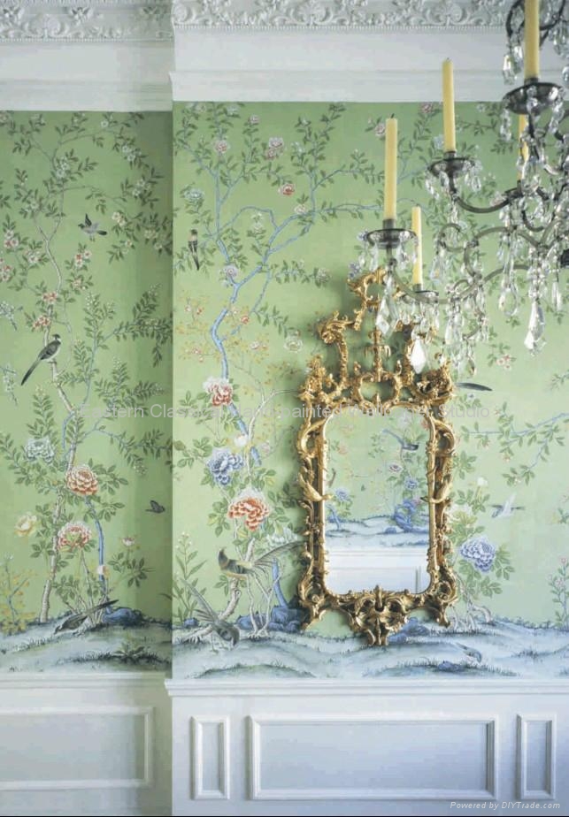 hand painted wallpaper,wallpaper,room,interior design,plant,furniture