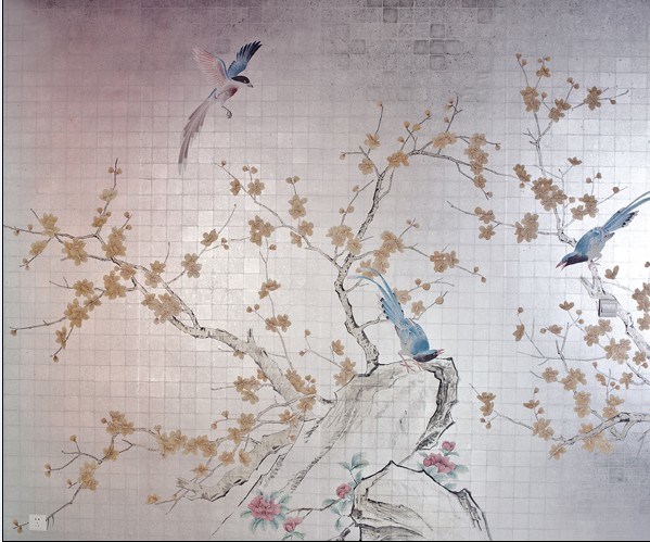 hand painted wallpaper,wall,bird,branch,textile,pattern