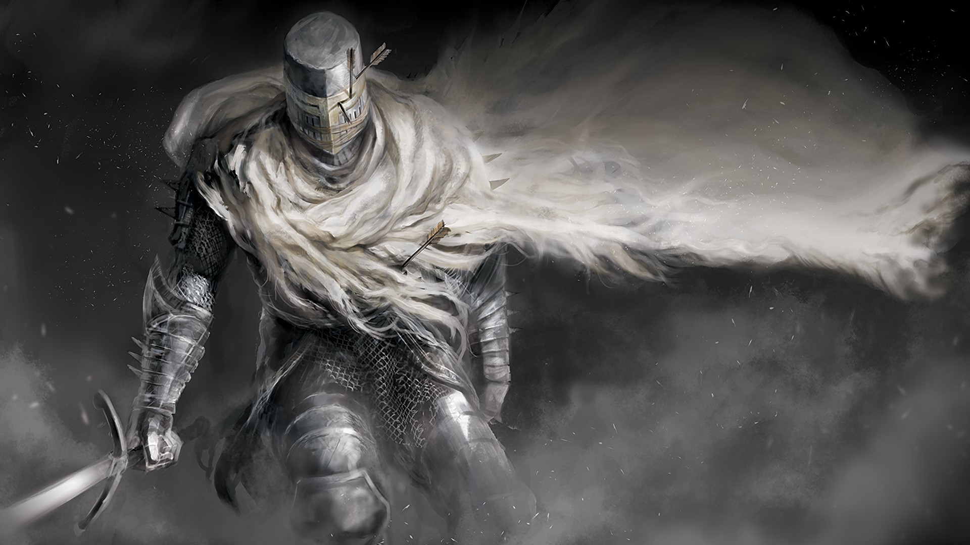 knight wallpaper,fictional character,black and white,illustration,cg artwork,darkness
