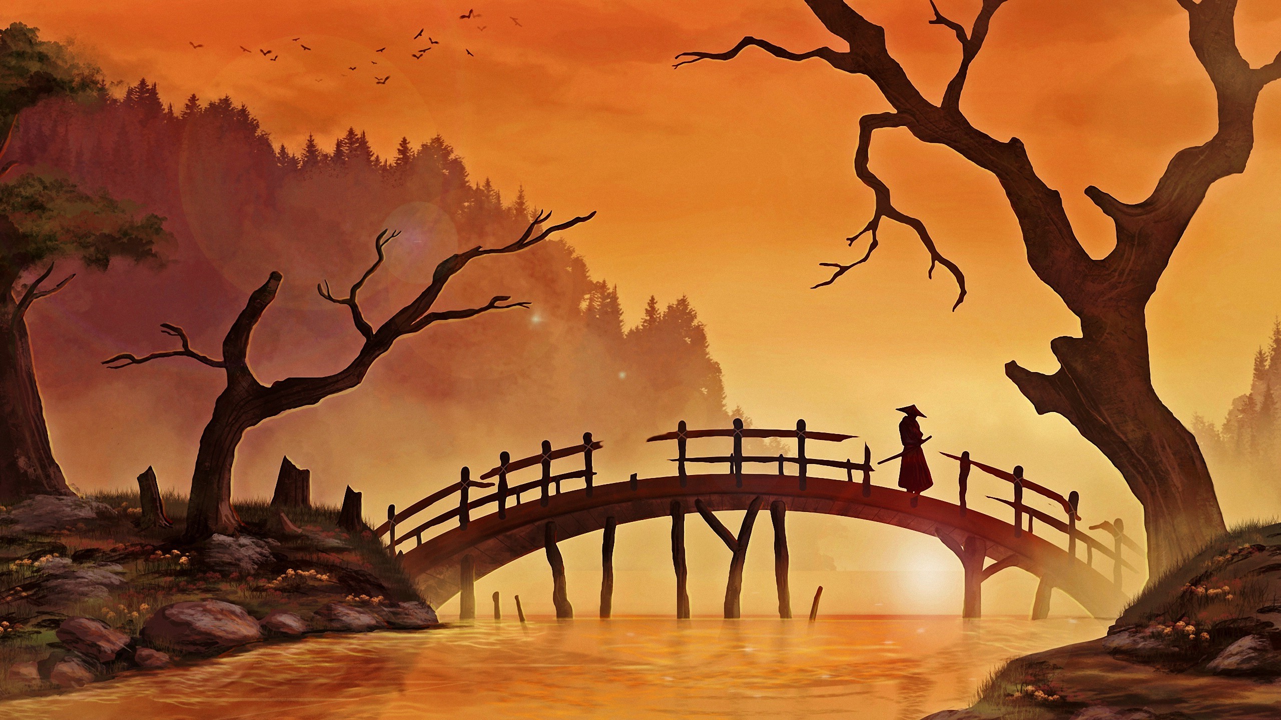 papier peint art japonais,la nature,peinture aquarelle,pont,paysage naturel,pont en arc