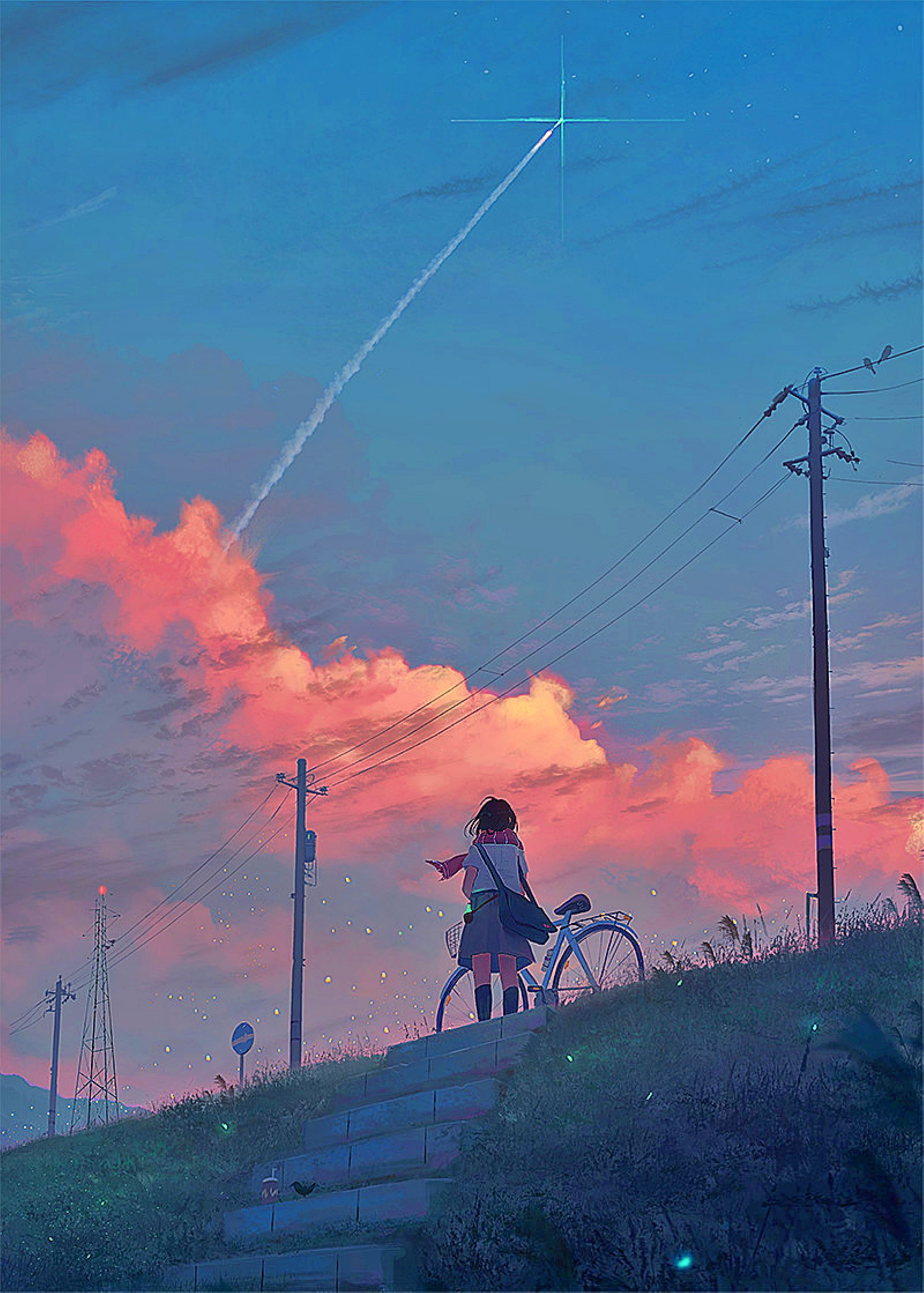 イラスト壁紙,空,雲,イブニング,車両,街路灯