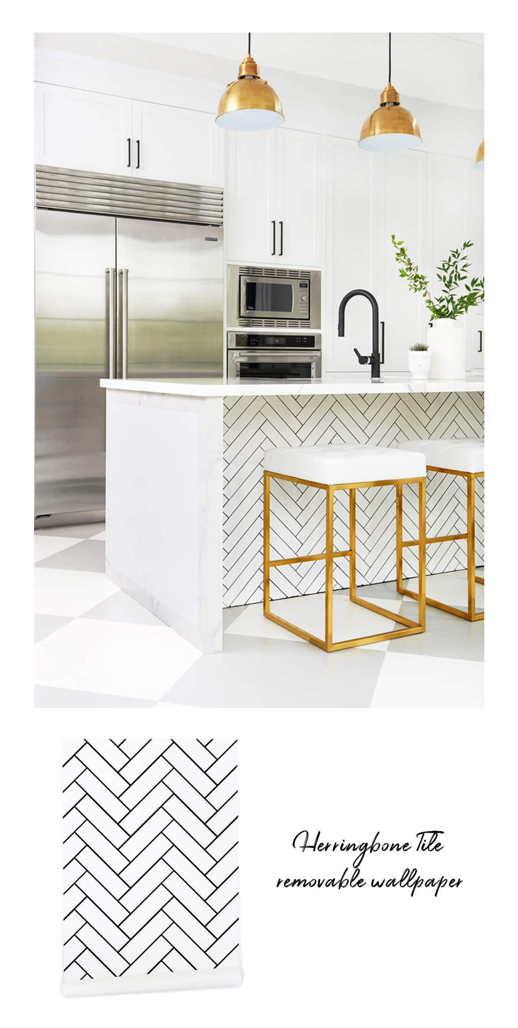 Kitchen Island With Herringbone Tile Removable Wallpaper WallpaperUse