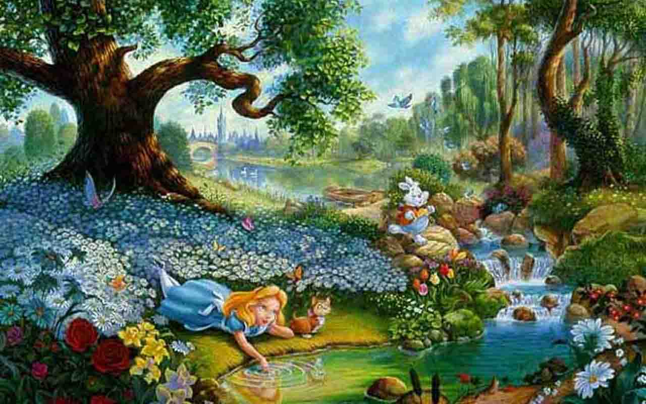 alice in wonderland wallpaper,painting,natural landscape,mythology,tree,animated cartoon