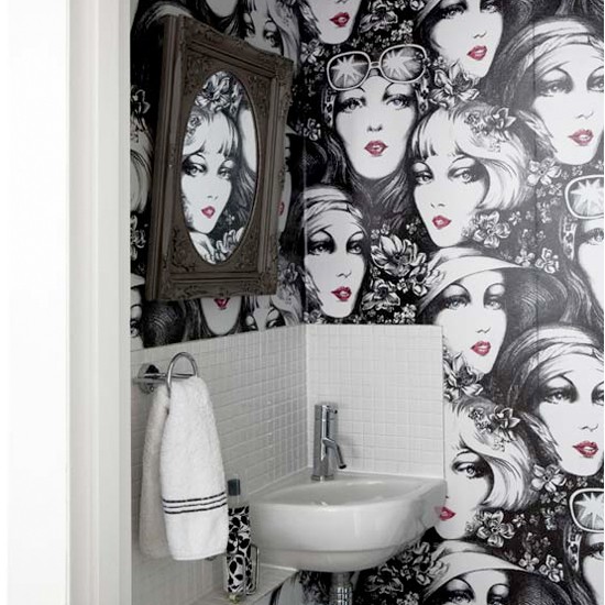 quirky wallpaper,head,black and white,room,bathroom accessory,shelf