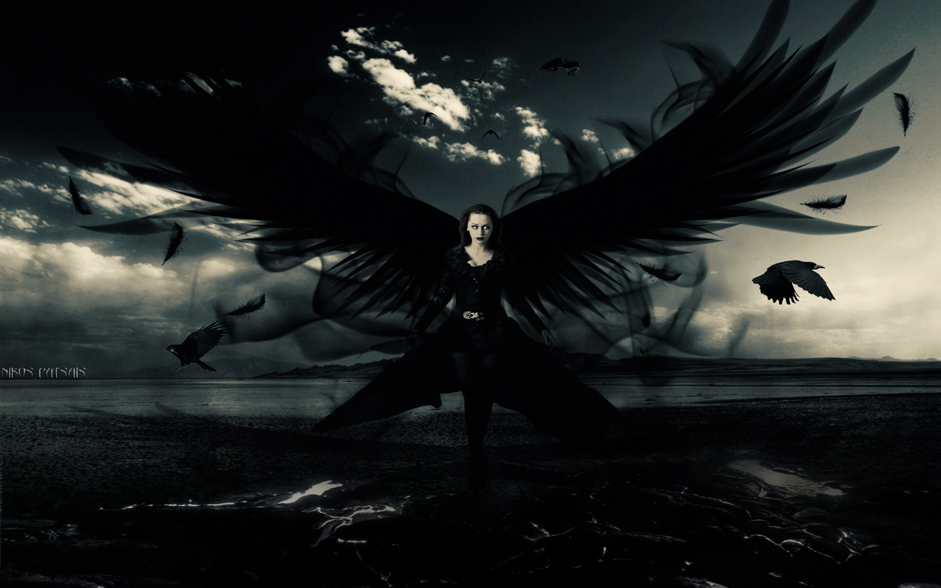 dark angel wallpaper,darkness,cg artwork,sky,wing,goth subculture