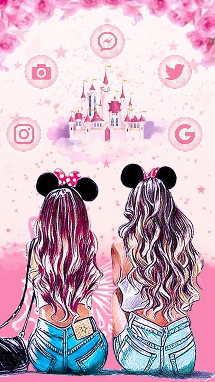 wallpaper best friends,pink,cartoon,illustration,design,long hair