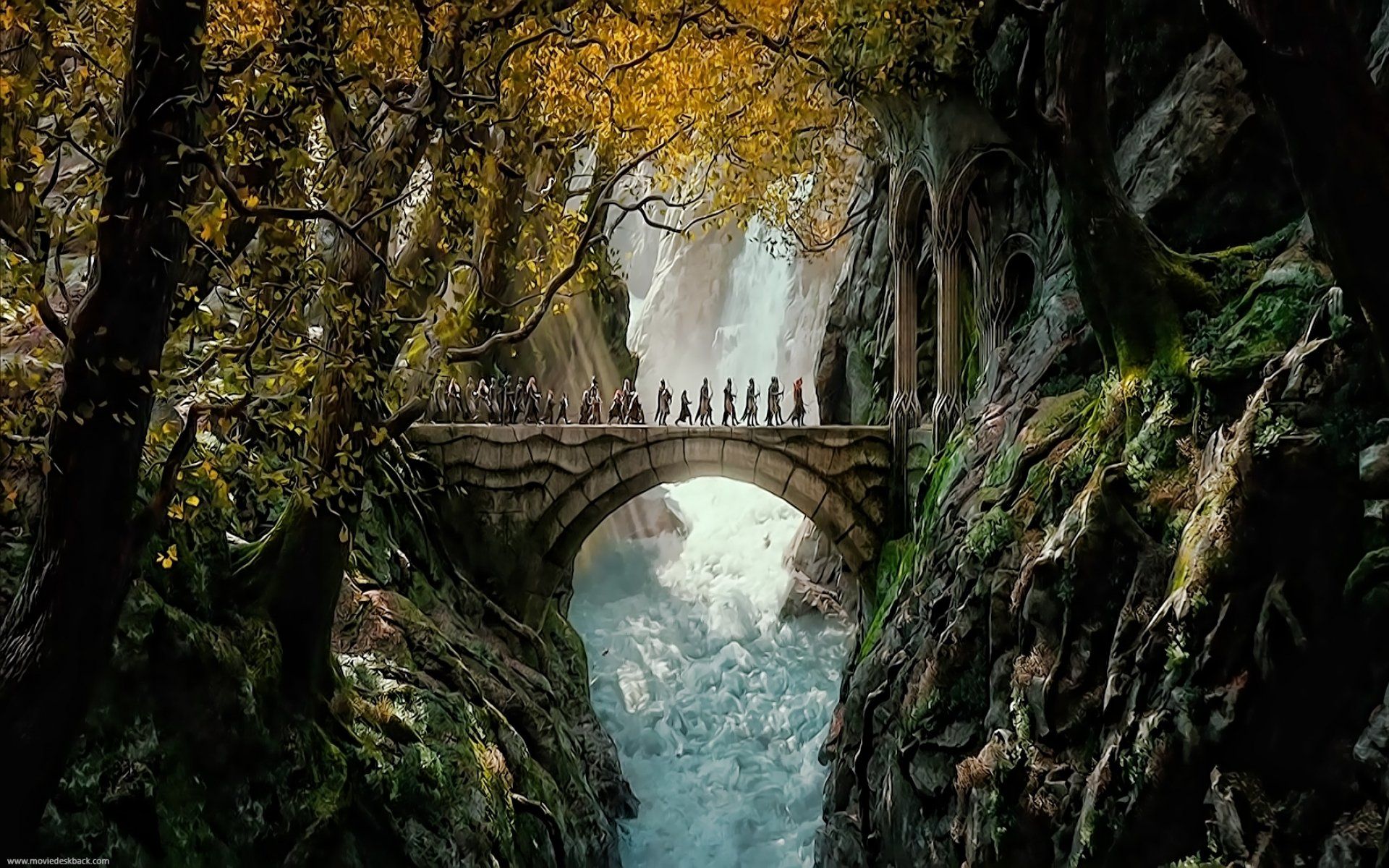 herr der ringe tapete,natürliche landschaft,natur,wasser,bogenbrücke,wasservorräte