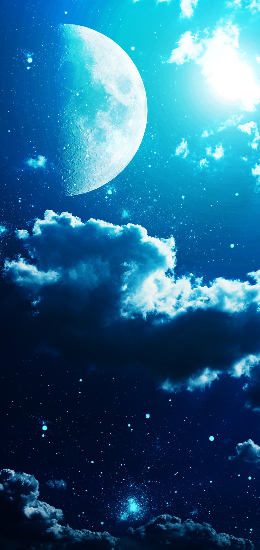 moon and stars wallpaper,sky,atmosphere,blue,light,daytime