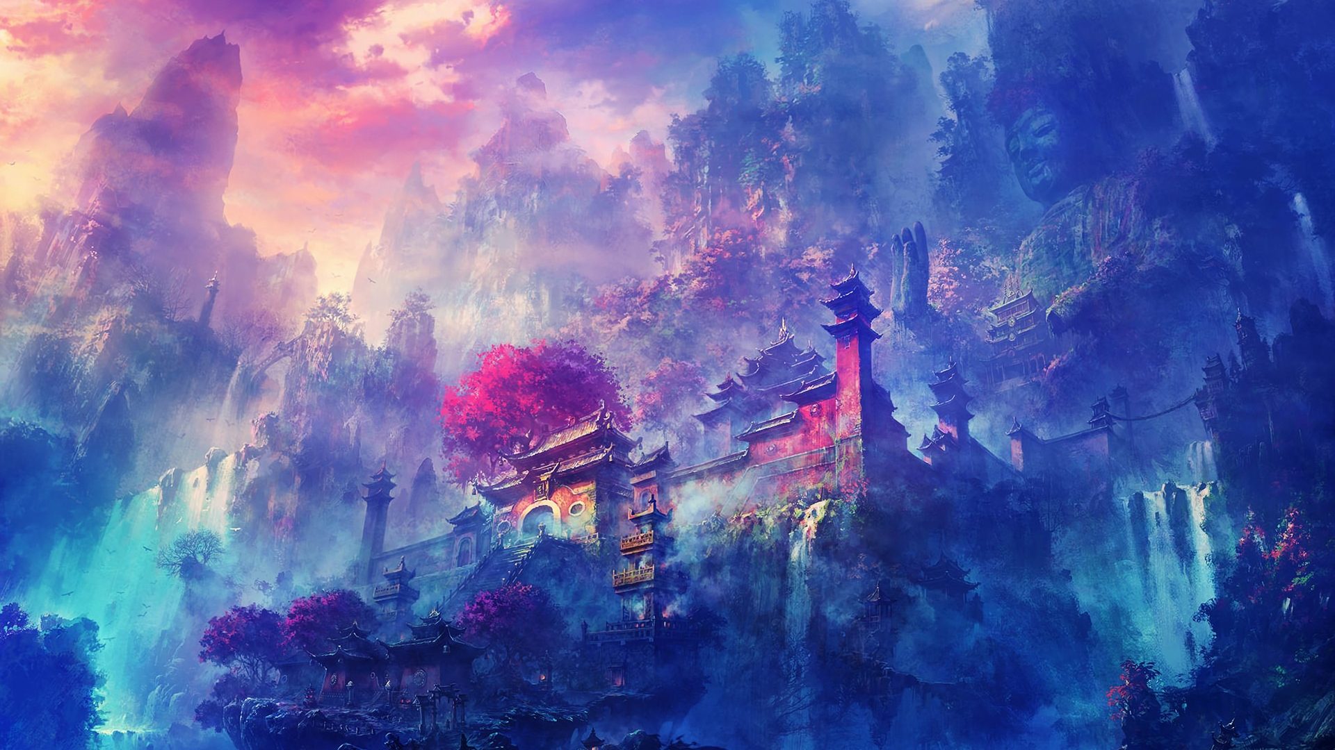 fondo de pantalla de anime 1920x1080,cielo,pintura de acuarela,pintura,púrpura,arte