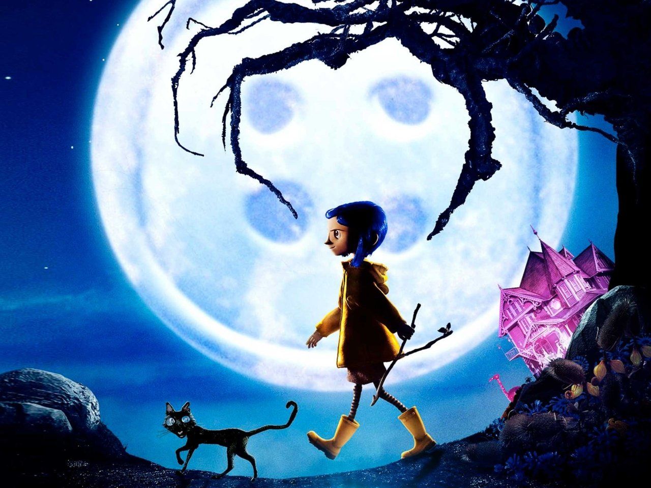 coraline wallpaper,animated cartoon,illustration,moon,animation,organism