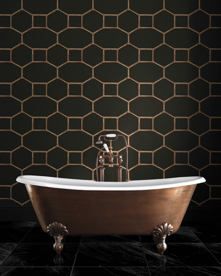 grey and copper wallpaper,tile,wall,room,water,floor