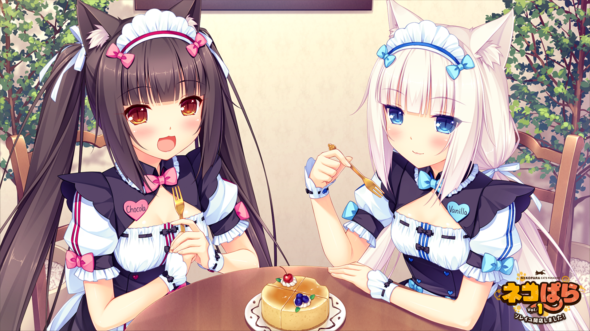 nekopara wallpaper,cartoon,anime,hime cut,long hair,food