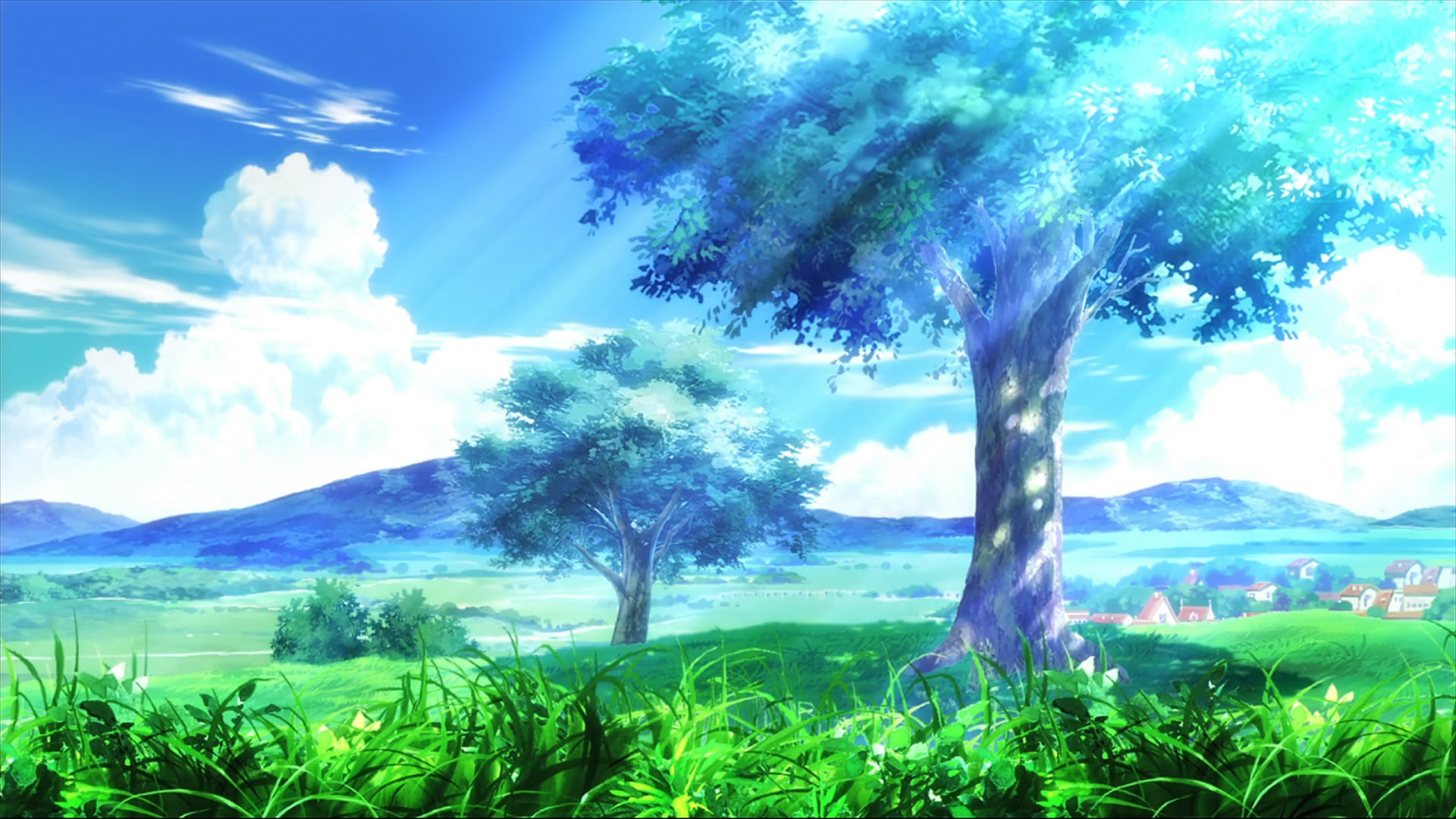 anime landschaft tapete,natürliche landschaft,natur,baum,grün,theaterlandschaft