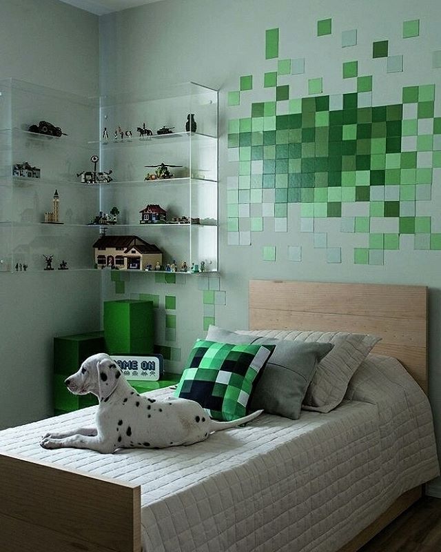 마인 크래프트 침실 벽지,초록,방,인테리어 디자인,가구,벽