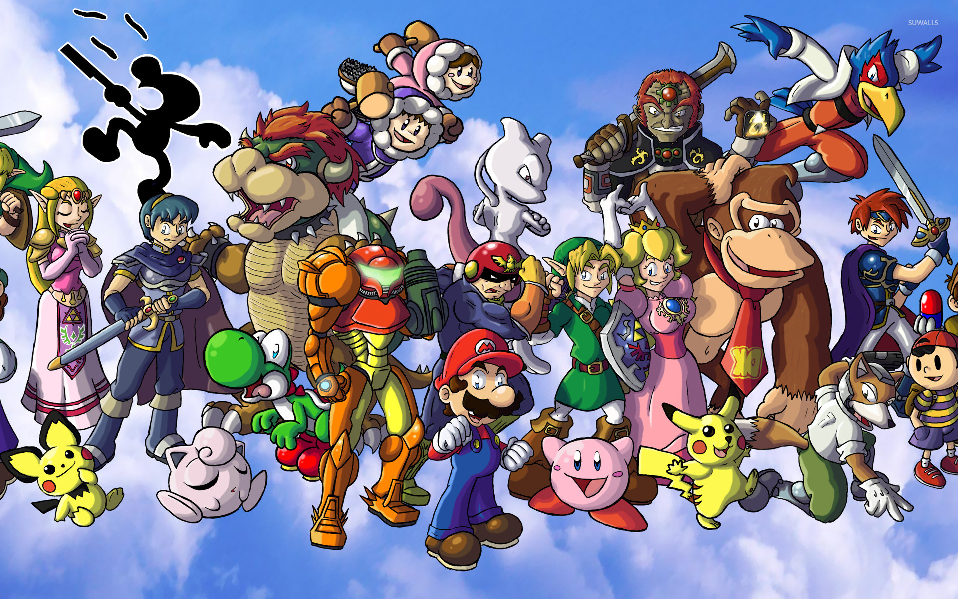 super smash bros wallpaper,animierter cartoon,karikatur,soziale gruppe,illustration,animation