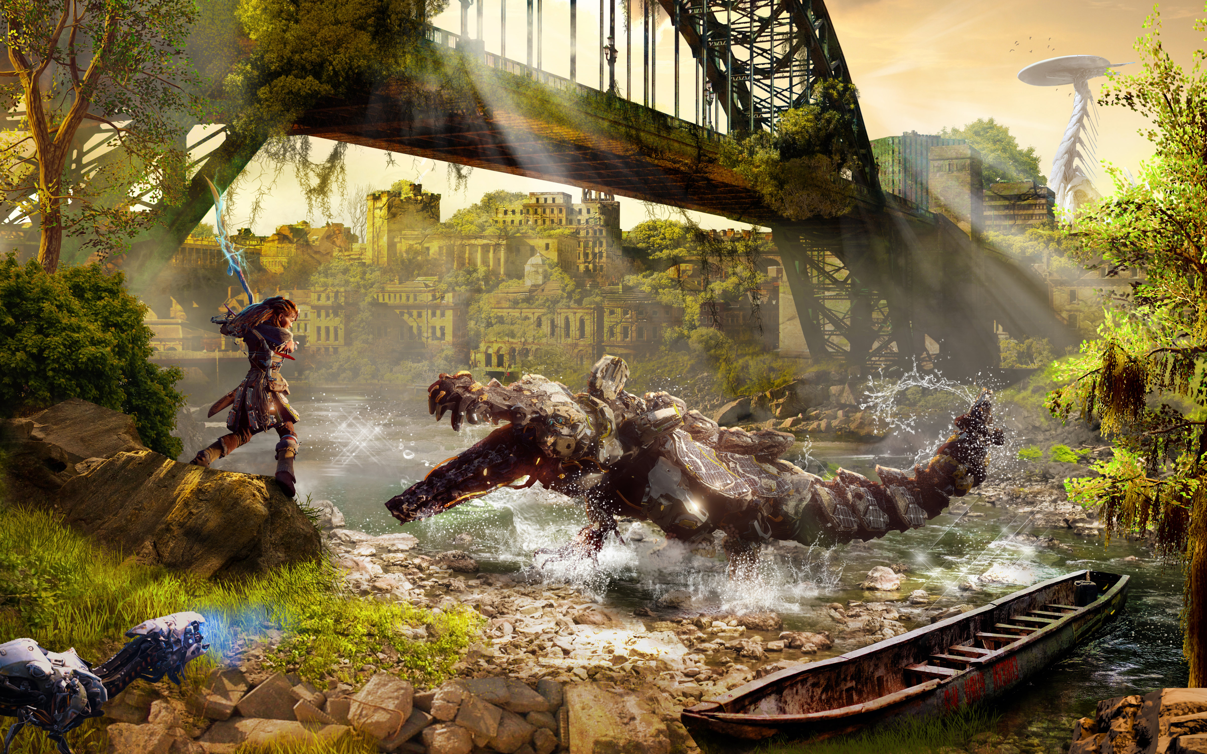 horizonte cero amanecer fondo de pantalla 4k,juego de acción y aventura,juego de pc,cg artwork,dinosaurio,mitología