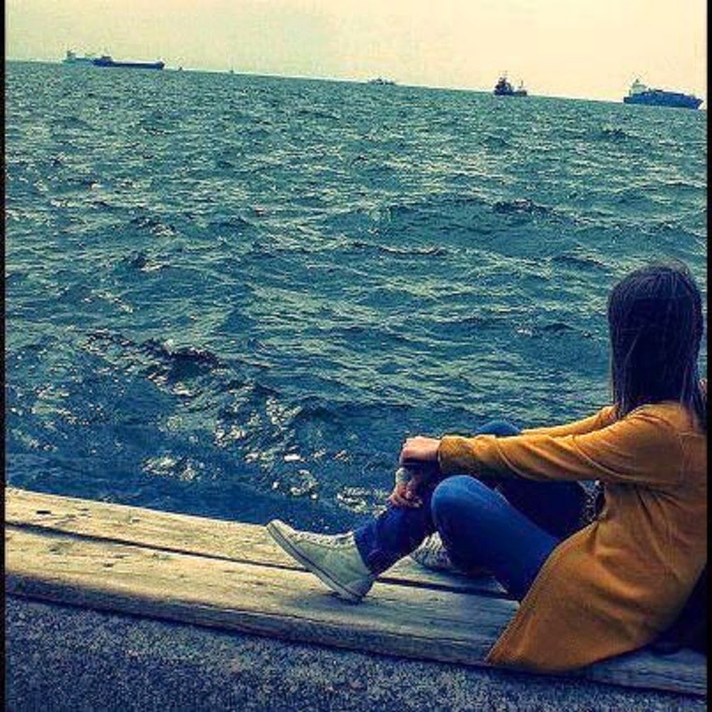 lonely girl wallpaper,sky,sea,water,ocean,horizon