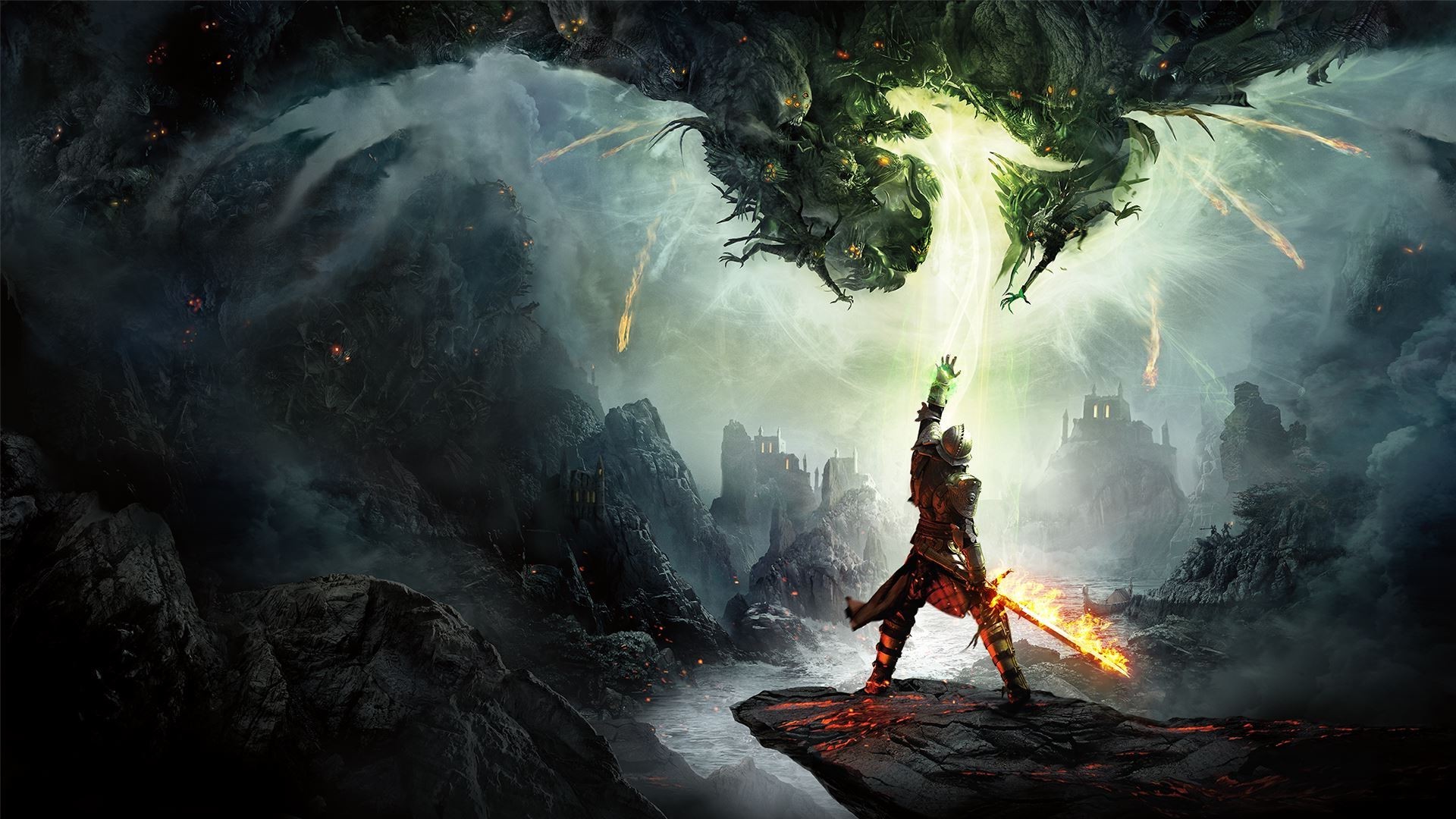 dragon age wallpaper,action adventure game,cg artwork,mythology,darkness,geological phenomenon